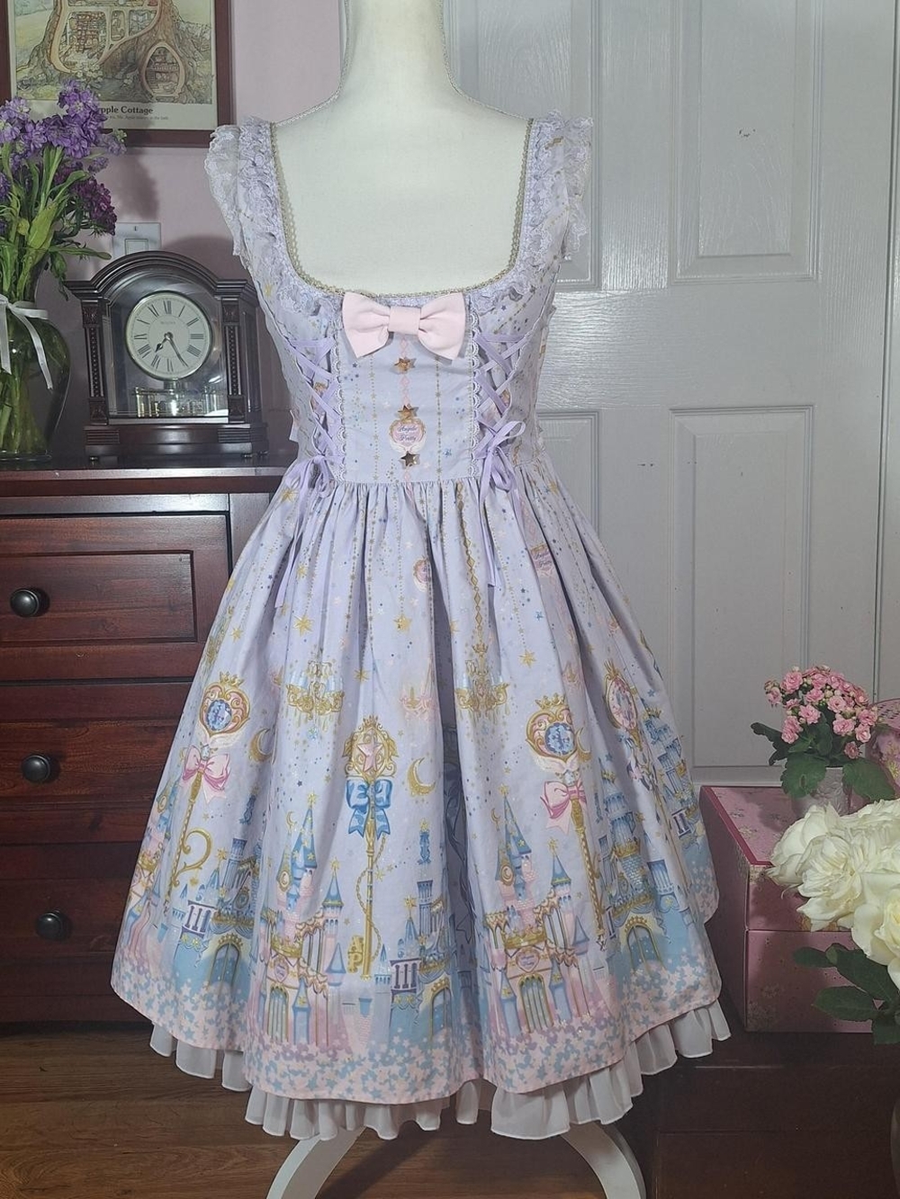 🎀 Angelic Pretty Lilac Castle Print Ribbon-Laced JSK 🏰 Sweet Lolita Jumper Ski